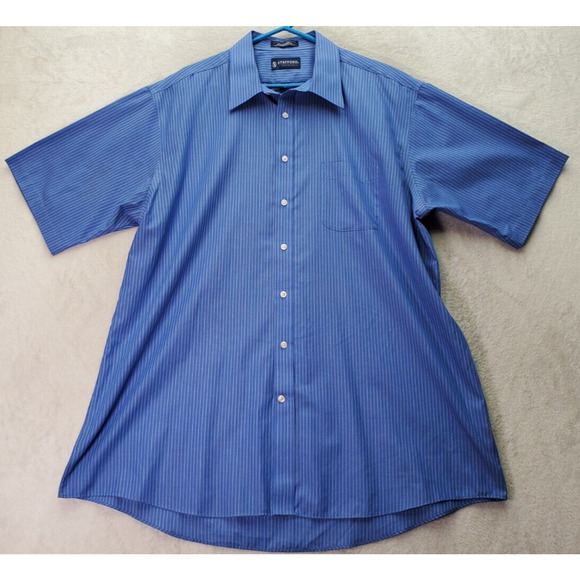 Stafford Shirt Mens Size 18 Blue Striped Cotton Regular Fit Collared Button Down - Picture 1 of 8